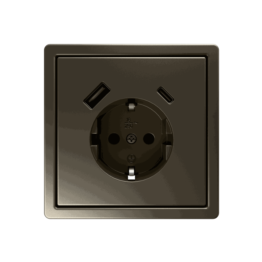 Розетка SCHUKO© с USB A+C с защитными шторками 16A 250V~ 2P+T USB 25W, цвет Бронза