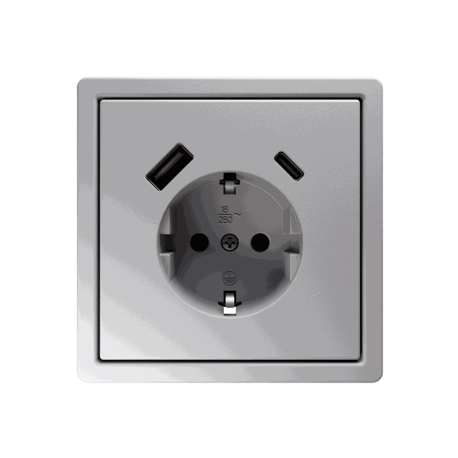 Розетка SCHUKO© с USB A+C с защитными шторками 16A 250V~ 2P+T USB 25W, цвет алюминий