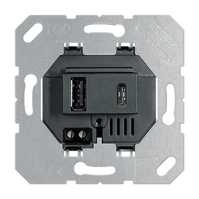Механизм зарядного устройства с двумя гнездами USB (А+С), черная вставка