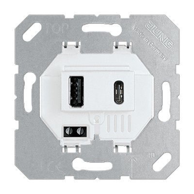 Механизм зарядного устройства с двумя гнездами USB (А+С), белая вставка