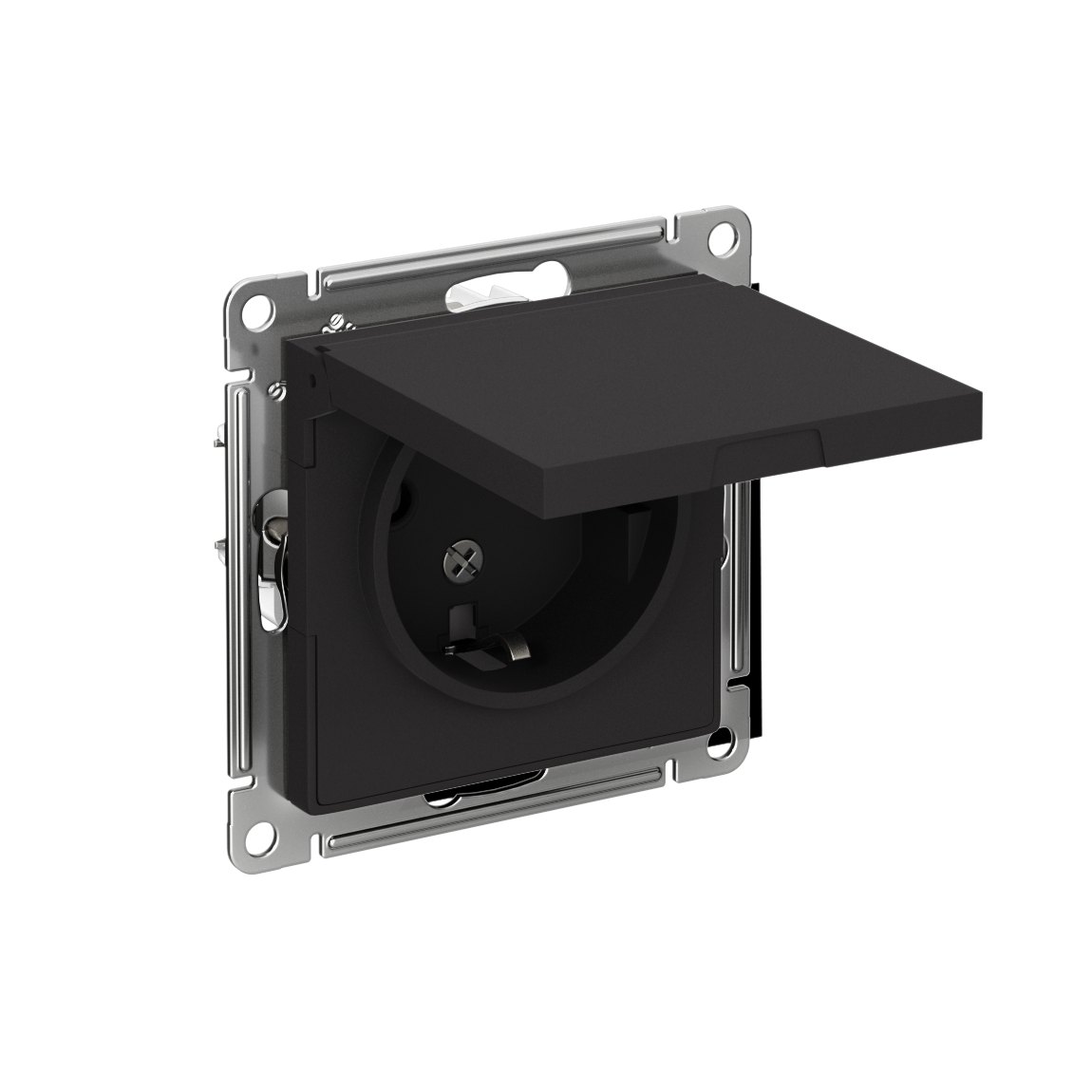 ATLASDESIGN РОЗЕТКА с заземлением со шторками с крышкой, 16А, IP20, механизм, КАРБОН