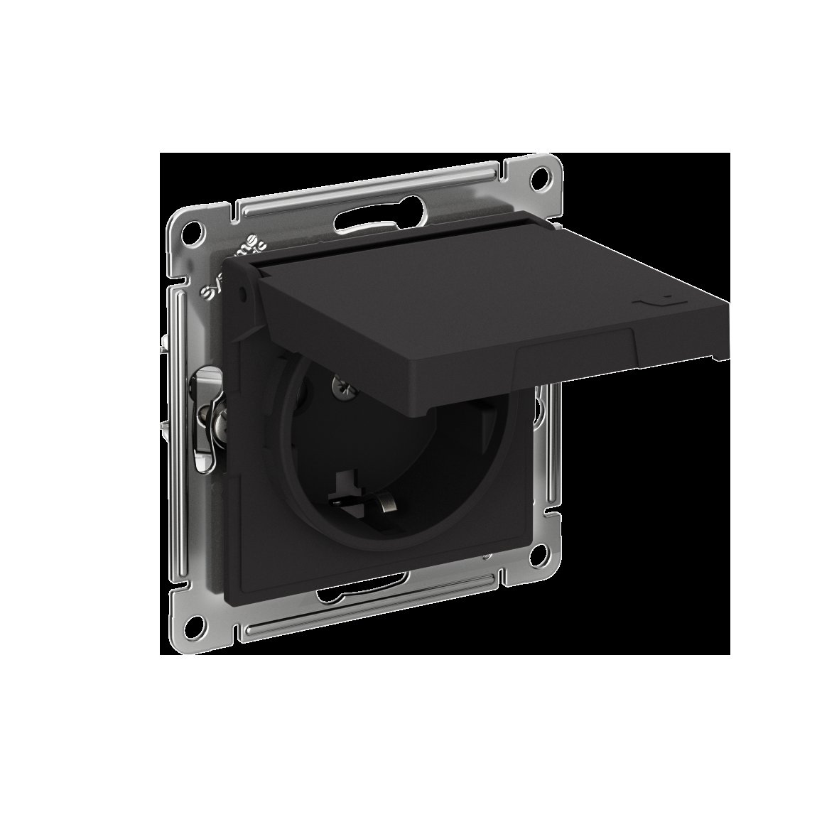ATLASDESIGN РОЗЕТКА с заземлением со шторками с крышкой,16А,IP20, мех.,быстрозажим. клем., КАРБОН