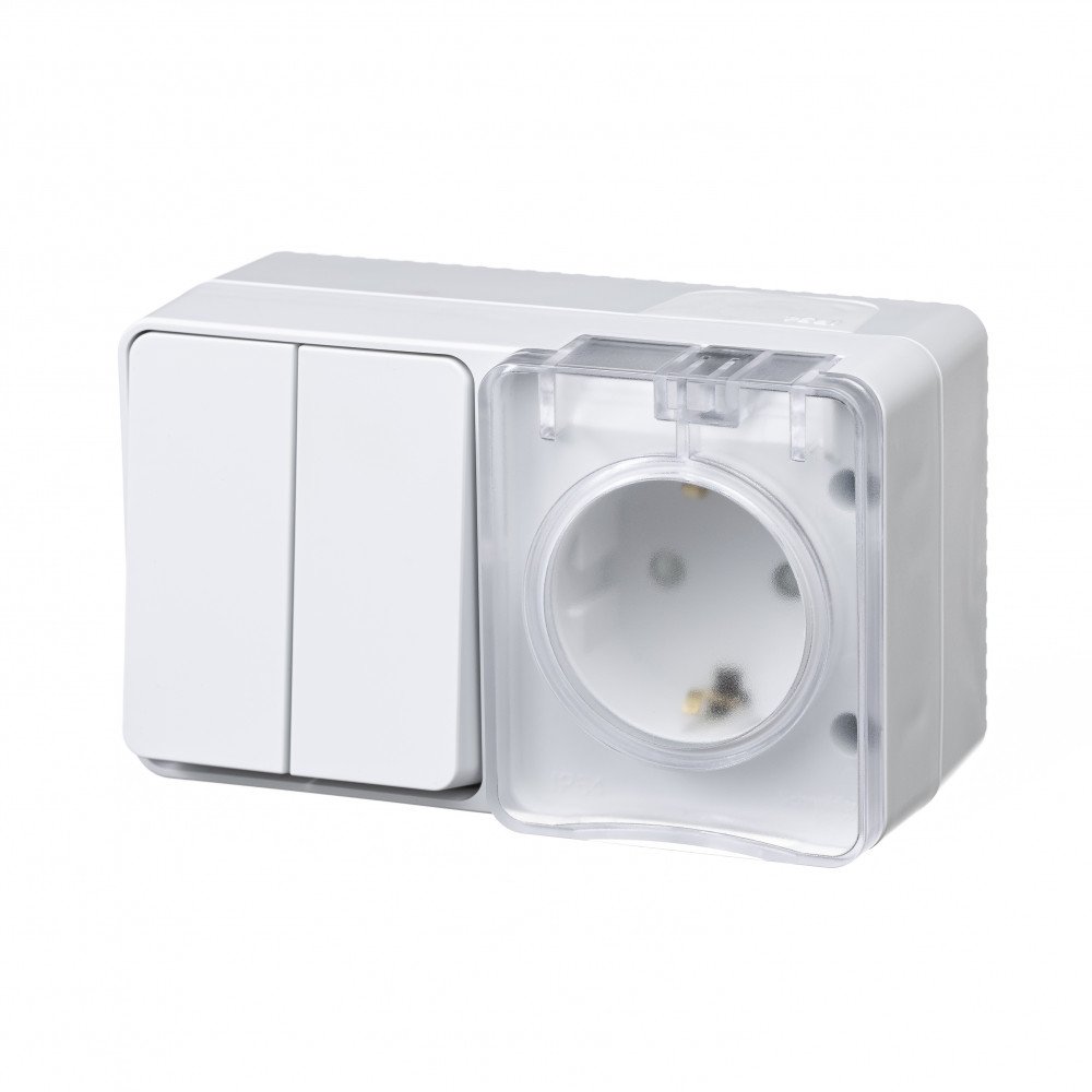 ATLASDESIGN PROFI IP54 О/У БЛОК: РОЗЕТКА с заземл. со шт., 16А, ВЫКЛЮЧАТЕЛЬ 2-клав., 10АХ, БЕЛЫЙ