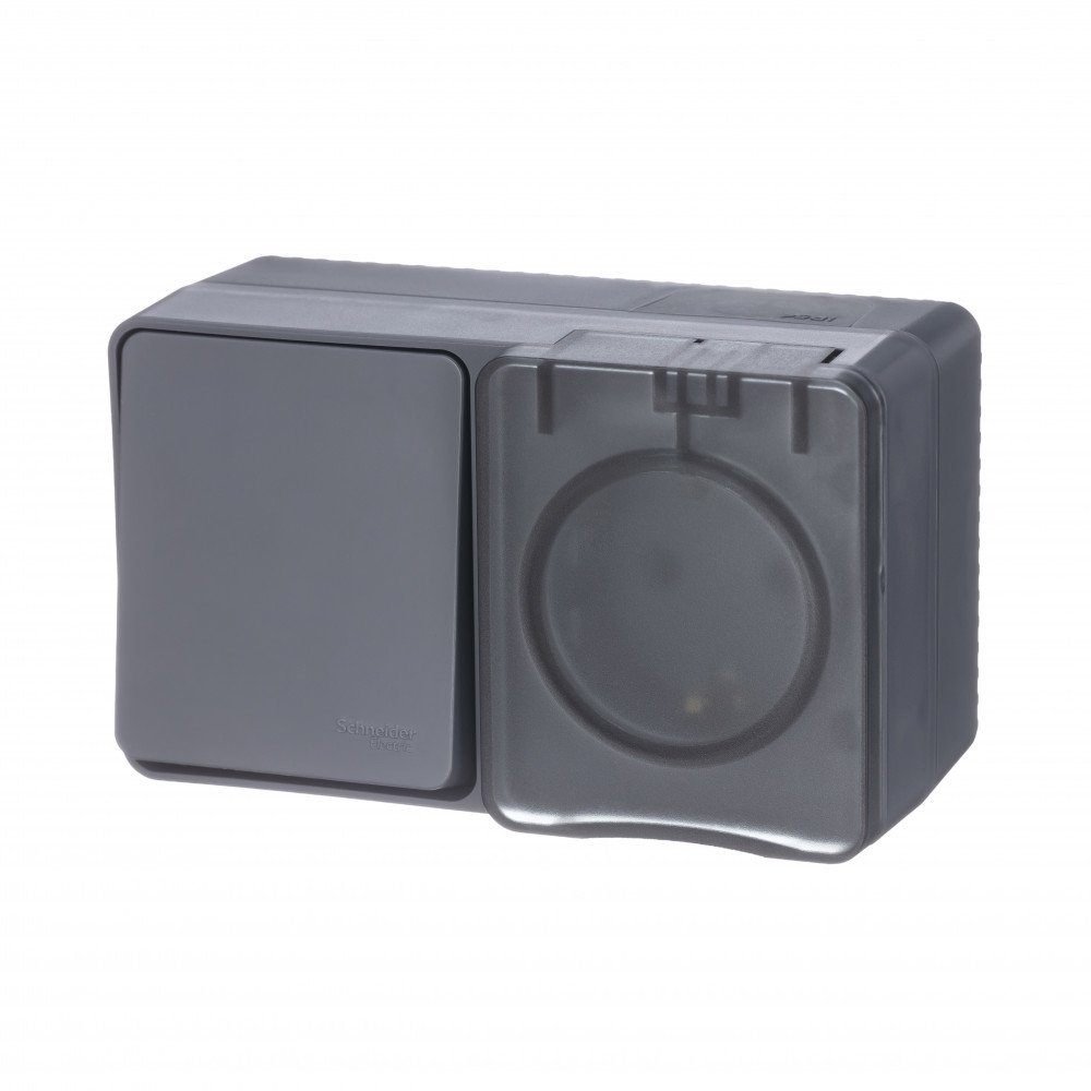 ATLASDESIGN PROFI IP54 О/У БЛОК: РОЗЕТКА с заземл. со шт., 16А, ВЫКЛЮЧАТЕЛЬ 1-клав., 10АХ, АНТРАЦИТ