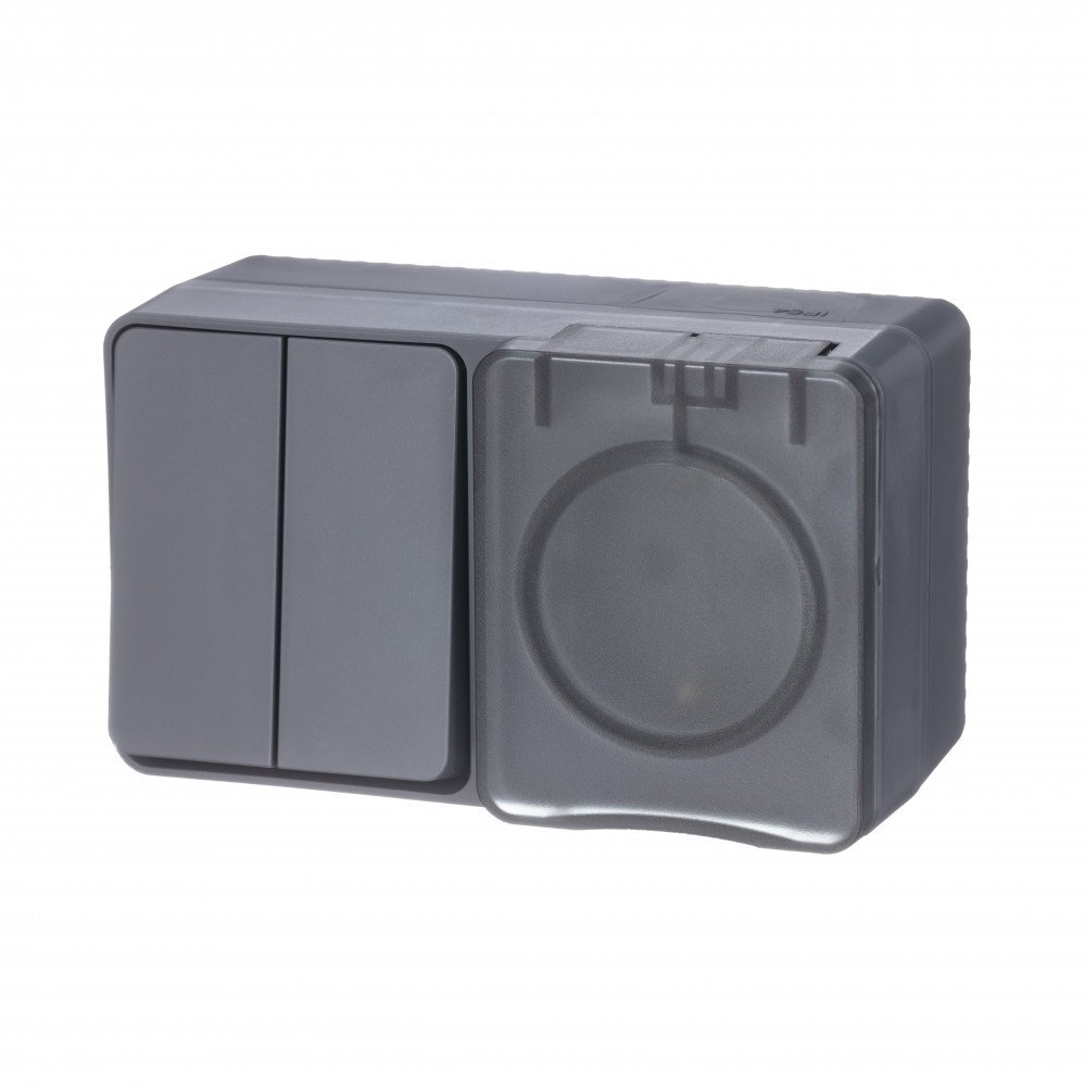 ATLASDESIGN PROFI IP54 О/У БЛОК: РОЗЕТКА с заземл. со шт., 16А, ВЫКЛЮЧАТЕЛЬ 2-клав., 10АХ, АНТРАЦИТ