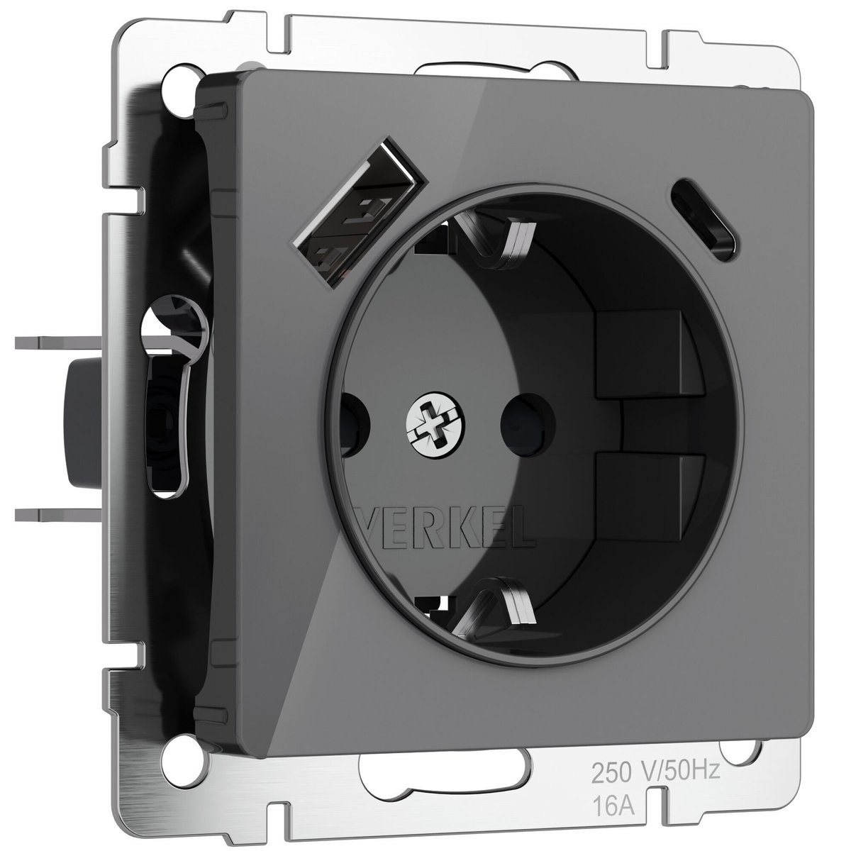 Розетка с заземлением, шторками и USB тип A+C (графит акрил)