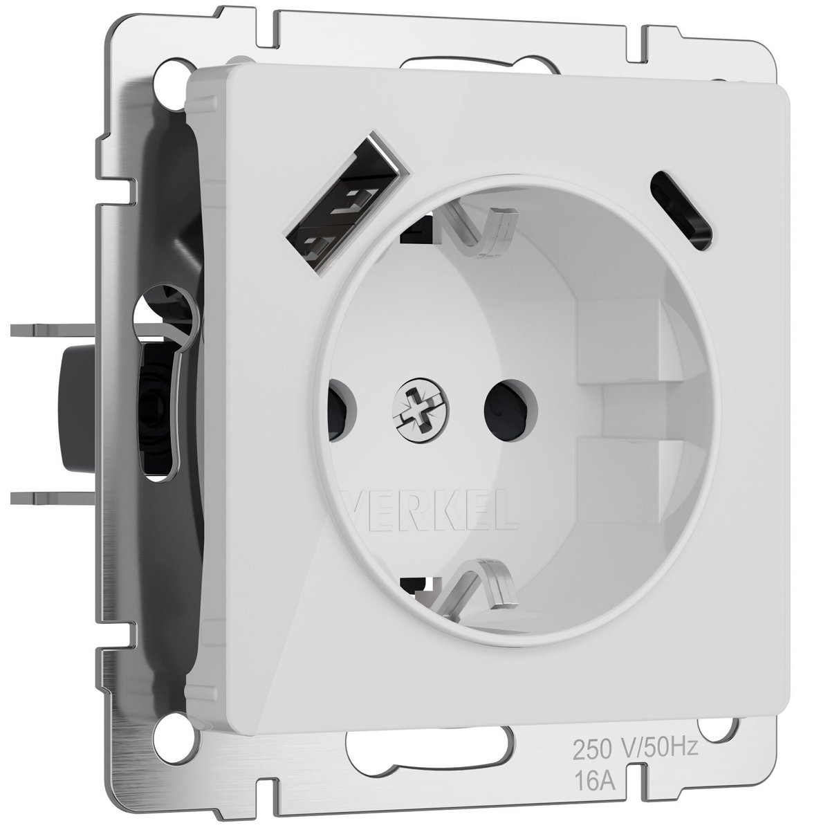 Розетка с заземлением, шторками и USB тип A+C (белый акрил)