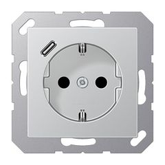 A500 Розетка 2К+З с USB-зарядным устройством, тип С; термопласт; алюминий