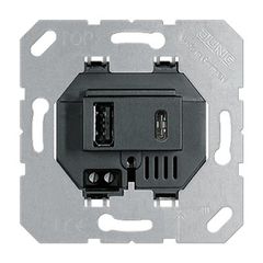 Механизм зарядного устройства с двумя гнездами USB (А+С), черная вставка