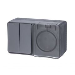 ATLASDESIGN PROFI IP54 О/У БЛОК: РОЗЕТКА с заземл. со шт., 16А, ВЫКЛЮЧАТЕЛЬ 2-клав., 10АХ, АНТРАЦИТ