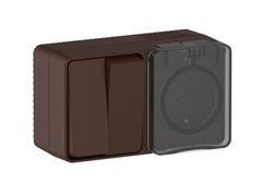 ATLASDESIGN PROFI IP54 О/У БЛОК: РОЗЕТКА с заземл. со шт., 16А, ВЫКЛЮЧАТЕЛЬ 2-клав., 10АХ, КОРИЧНЕВЫЙ