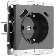 Розетка с заземлением, шторками и USB тип A+C (графит акрил)