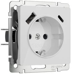 Розетка с заземлением, шторками и USB тип A+C (белый акрил)