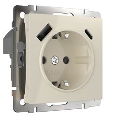 Розетка с заземлением, шторками и USB тип A+C (слоновая кость)